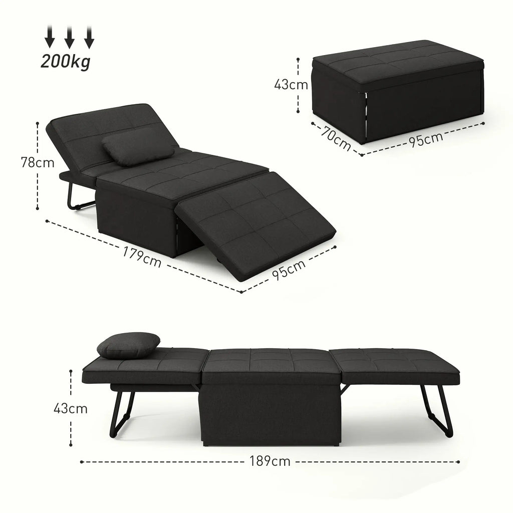 Sofá - Cama "Açores" 3 em 1 - Preto - 95x179x78 cm - Linho e Metal - Design Moderno e Funcional - A minha loja