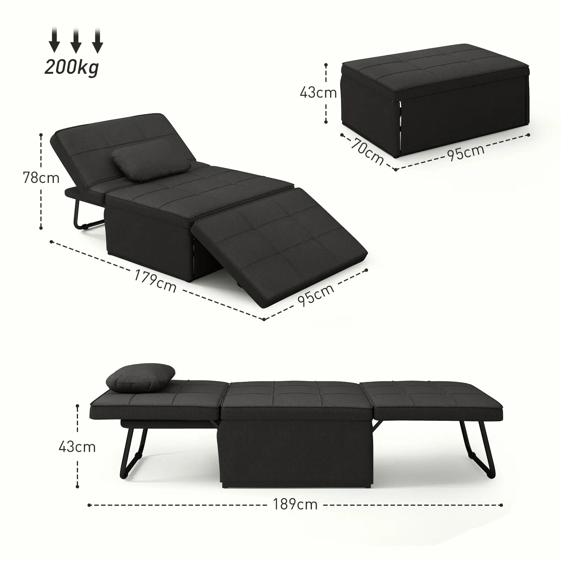 Sofá - Cama "Açores" 3 em 1 - Preto - 95x179x78 cm - Linho e Metal - Design Moderno e Funcional - A minha loja