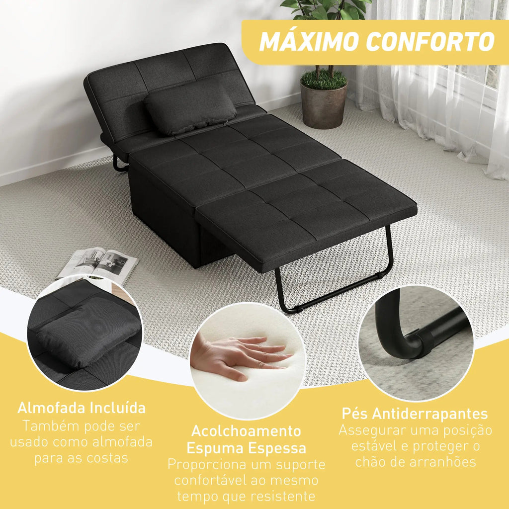 Sofá - Cama "Açores" 3 em 1 - Preto - 95x179x78 cm - Linho e Metal - Design Moderno e Funcional - A minha loja