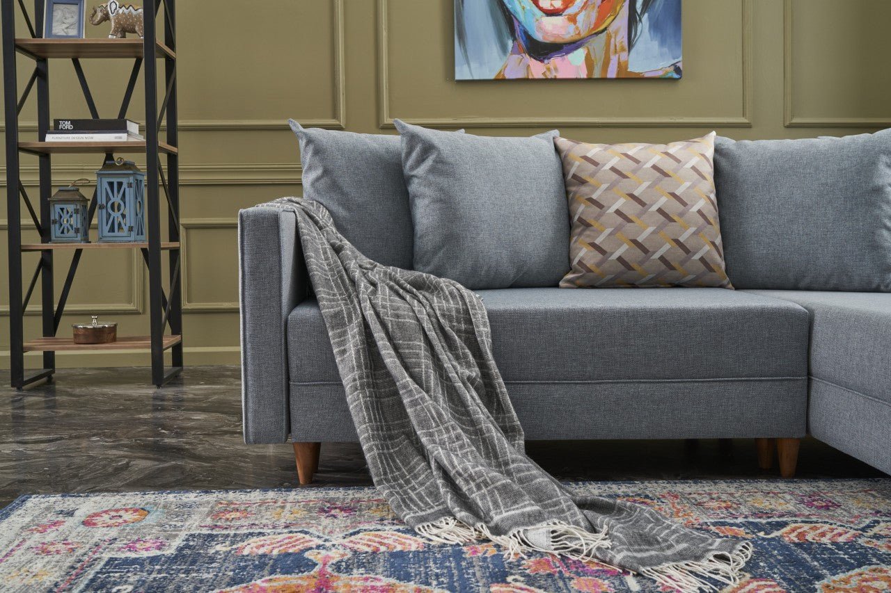 Sofá - Cama Chaise Longue Direito "Monaco" - Azul - 215x80x150 cm - Estrutura em Madeira de Faia - Design Moderno - A minha loja