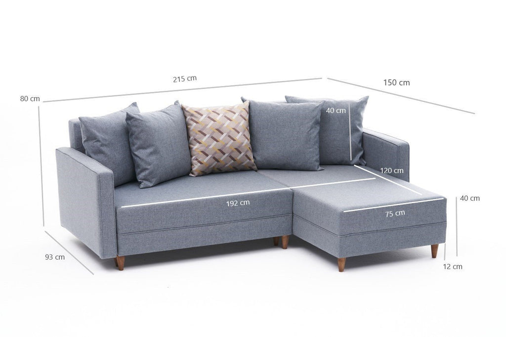Sofá - Cama Chaise Longue Direito "Monaco" - Azul - 215x80x150 cm - Estrutura em Madeira de Faia - Design Moderno - A minha loja