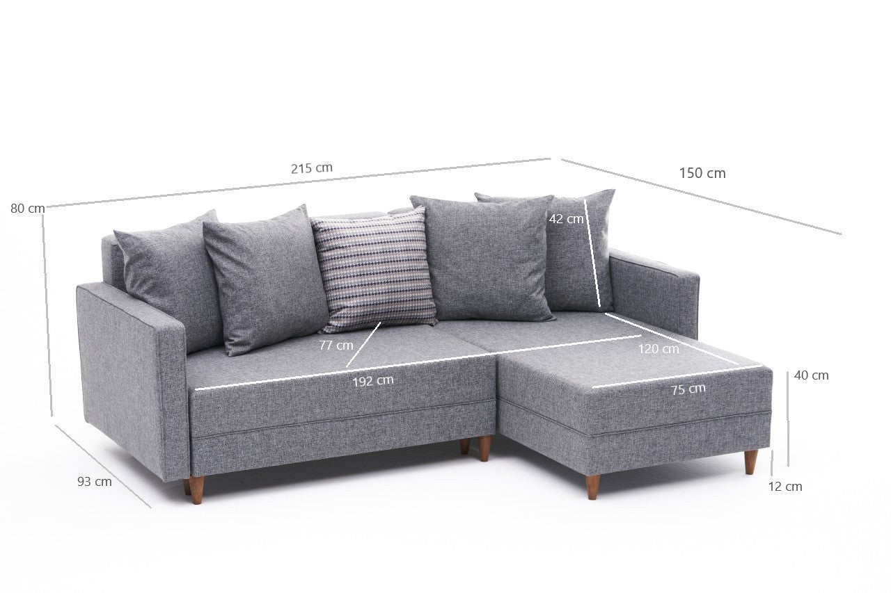 Sofá - Cama Chaise Longue Direito "Monaco" - Cinzento Claro - 215x80x150 cm - Estrutura em Madeira de Faia - Design Moderno - A minha loja