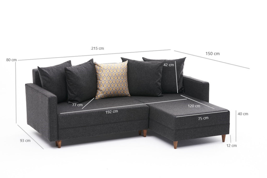 Sofá - Cama Chaise Longue Direito "Monaco" - Cinzento Escuro - 215x80x150 cm - Estrutura em Madeira de Faia - Design Moderno - A minha loja
