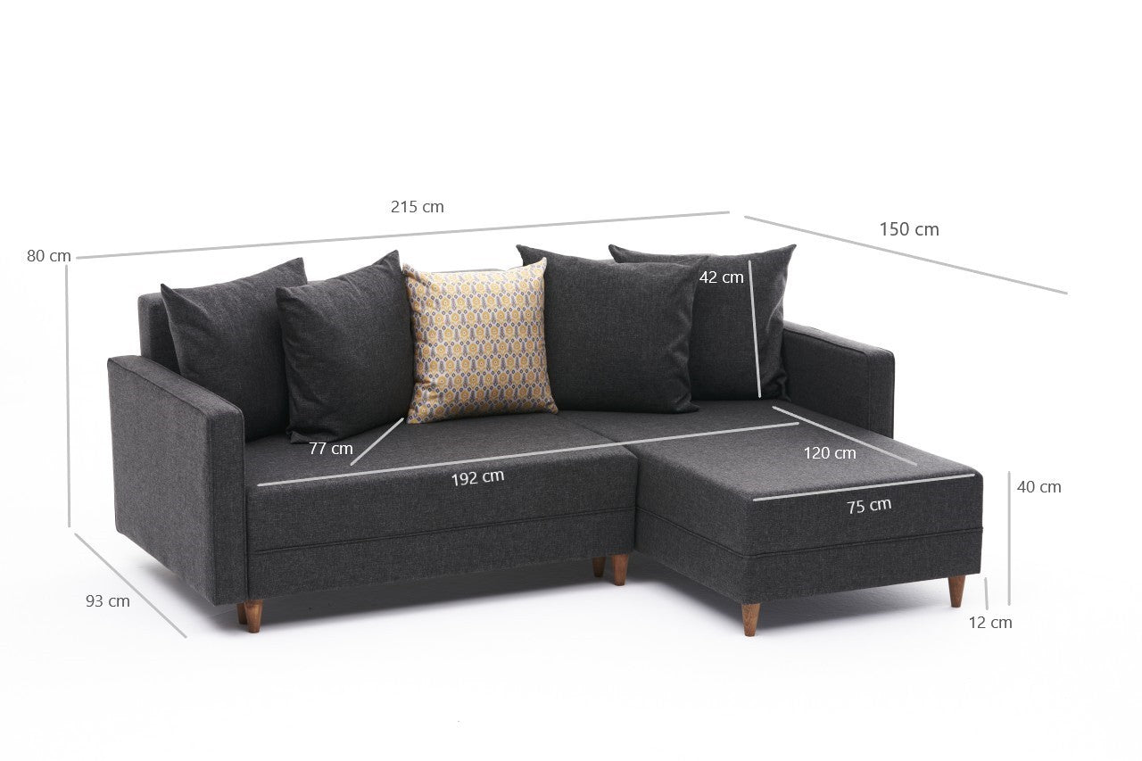 Sofá - Cama Chaise Longue Direito "Monaco" - Cinzento Escuro - 215x80x150 cm - Estrutura em Madeira de Faia - Design Moderno - A minha loja