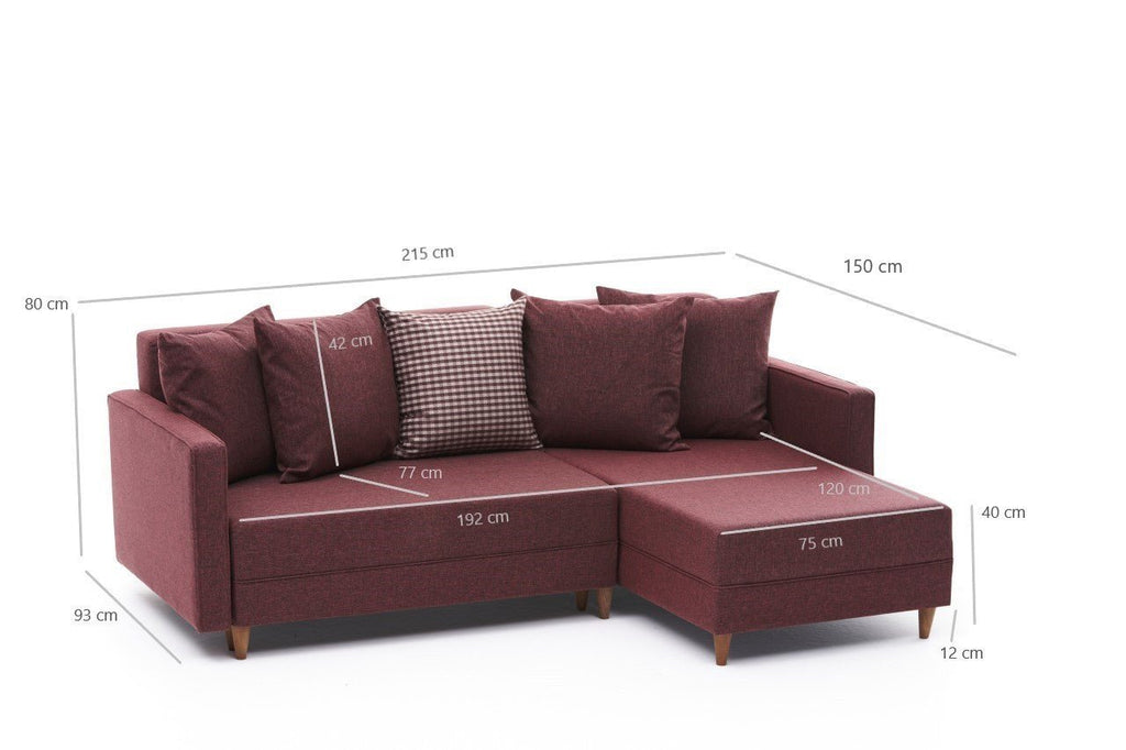 Sofá - Cama Chaise Longue Direito "Monaco" - Vermelho Tinto - 215x80x150 cm - Estrutura em Madeira de Faia - Design Moderno - A minha loja