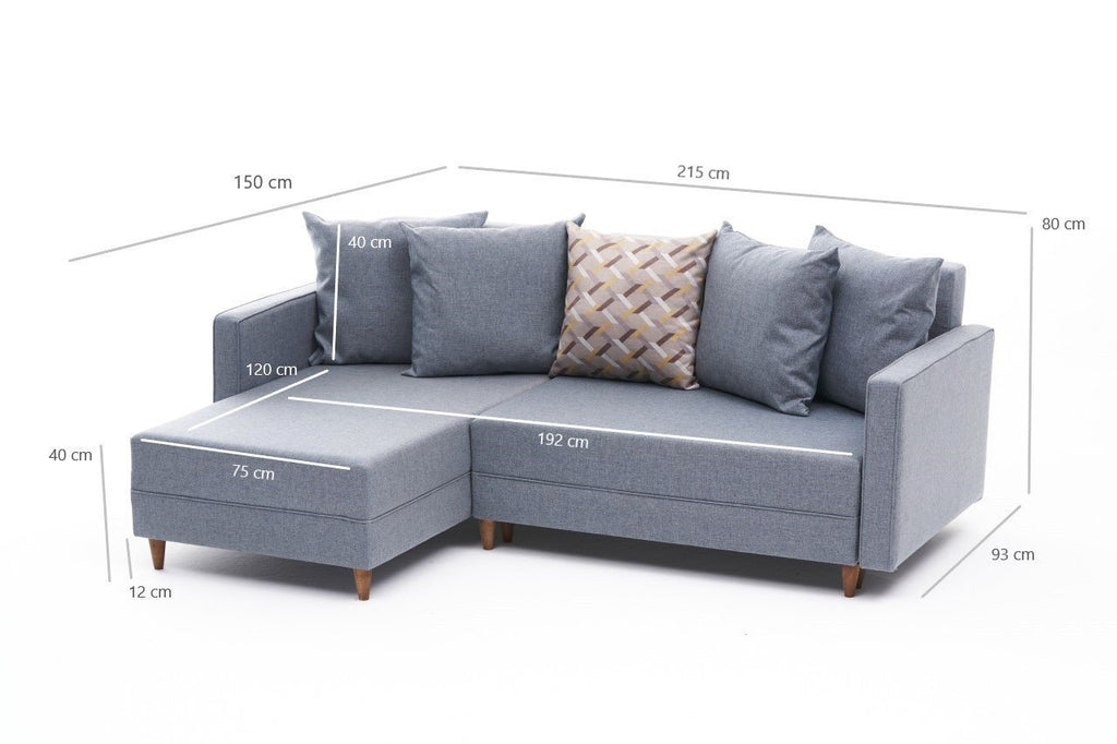Sofá - Cama Chaise Longue Esquerdo "Monaco" - Azul - 215x80x150 cm - Estrutura em Madeira de Faia - Design Moderno - A minha loja