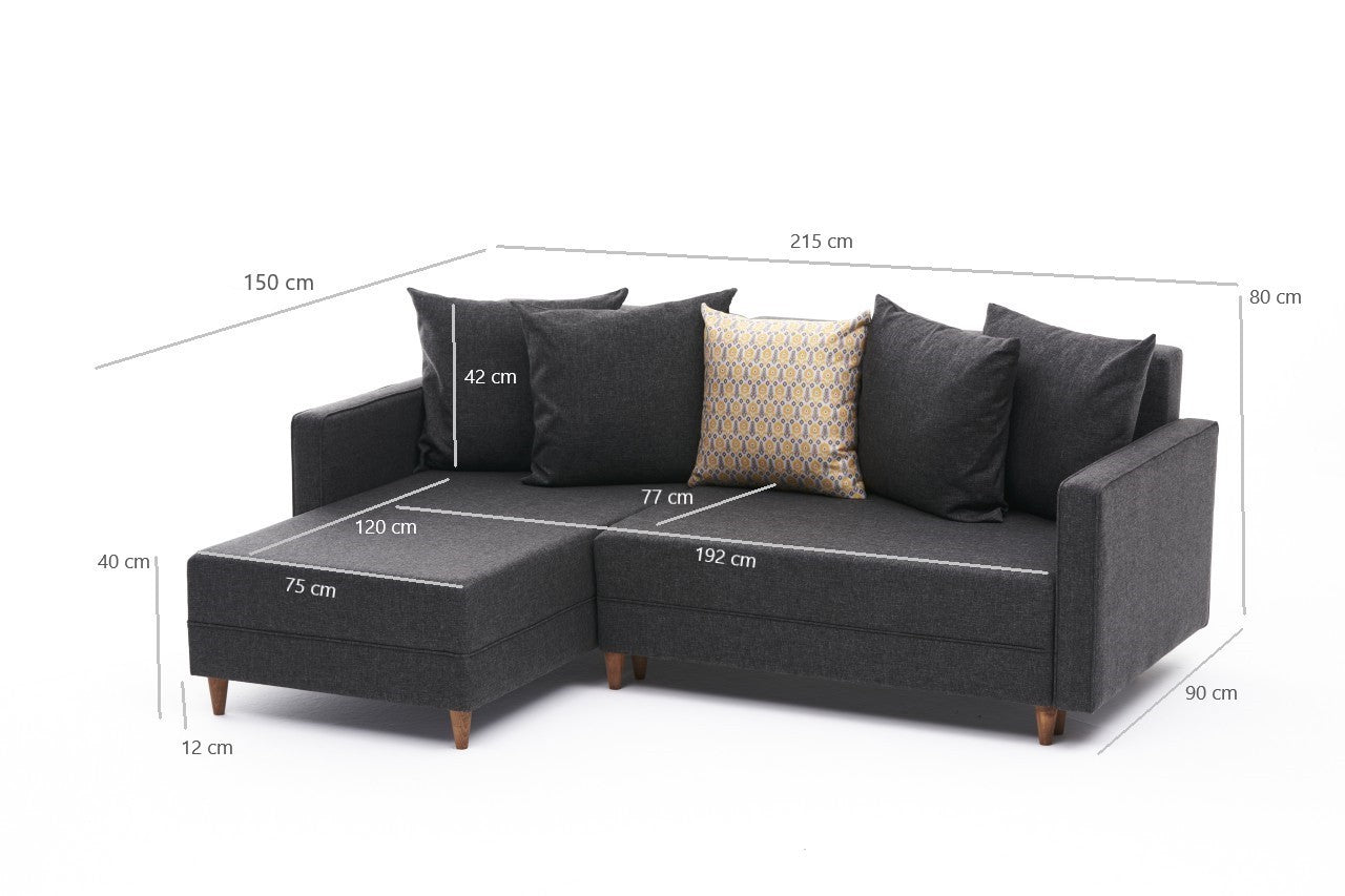 Sofá - Cama Chaise Longue Esquerdo "Monaco" - Cinzento Escuro - 215x80x150 cm - Estrutura em Madeira de Faia - Design Moderno - A minha loja