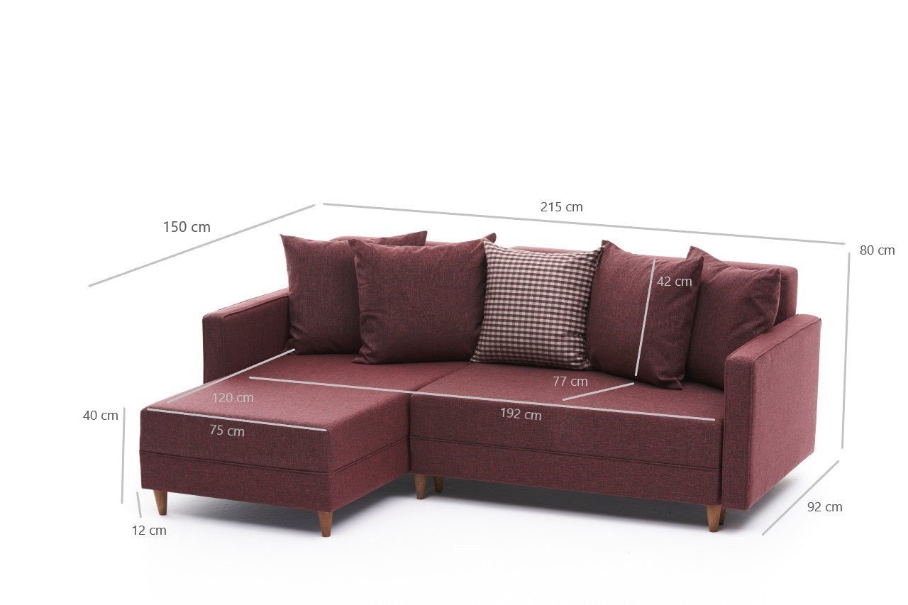Sofá - Cama Chaise Longue Esquerdo "Monaco" - Vermelho Tinto - 215x80x150 cm - Estrutura em Madeira de Faia - Design Moderno - A minha loja