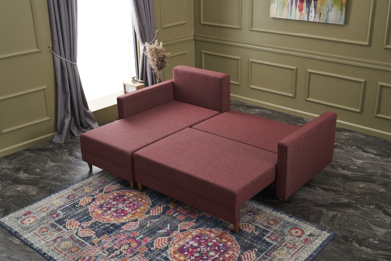 Sofá - Cama Chaise Longue Esquerdo "Monaco" - Vermelho Tinto - 215x80x150 cm - Estrutura em Madeira de Faia - Design Moderno - A minha loja