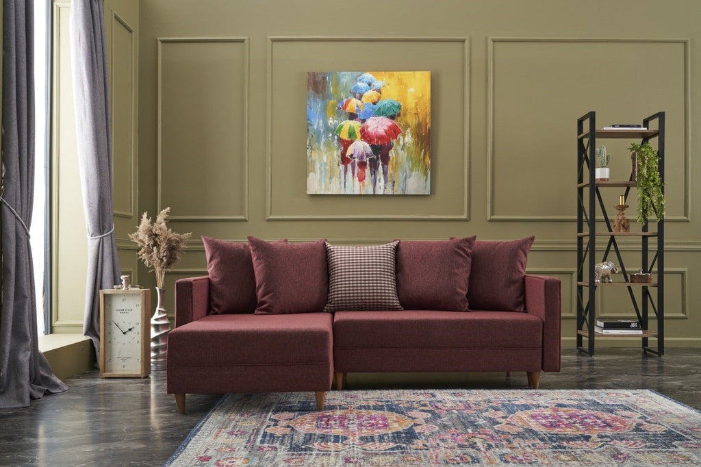Sofá - Cama Chaise Longue Esquerdo "Monaco" - Vermelho Tinto - 215x80x150 cm - Estrutura em Madeira de Faia - Design Moderno - A minha loja