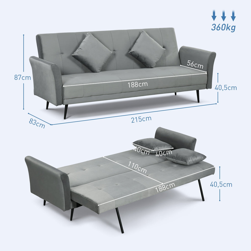 Sofá Cama Convertível Sofá Cama de 3 Lugares com Encosto Ajustável de 3 Níveis e 2 Almofadas Acolchoadas Carga 360 kg para Escritório Dormitório Sala de Estar Cinza - A minha loja