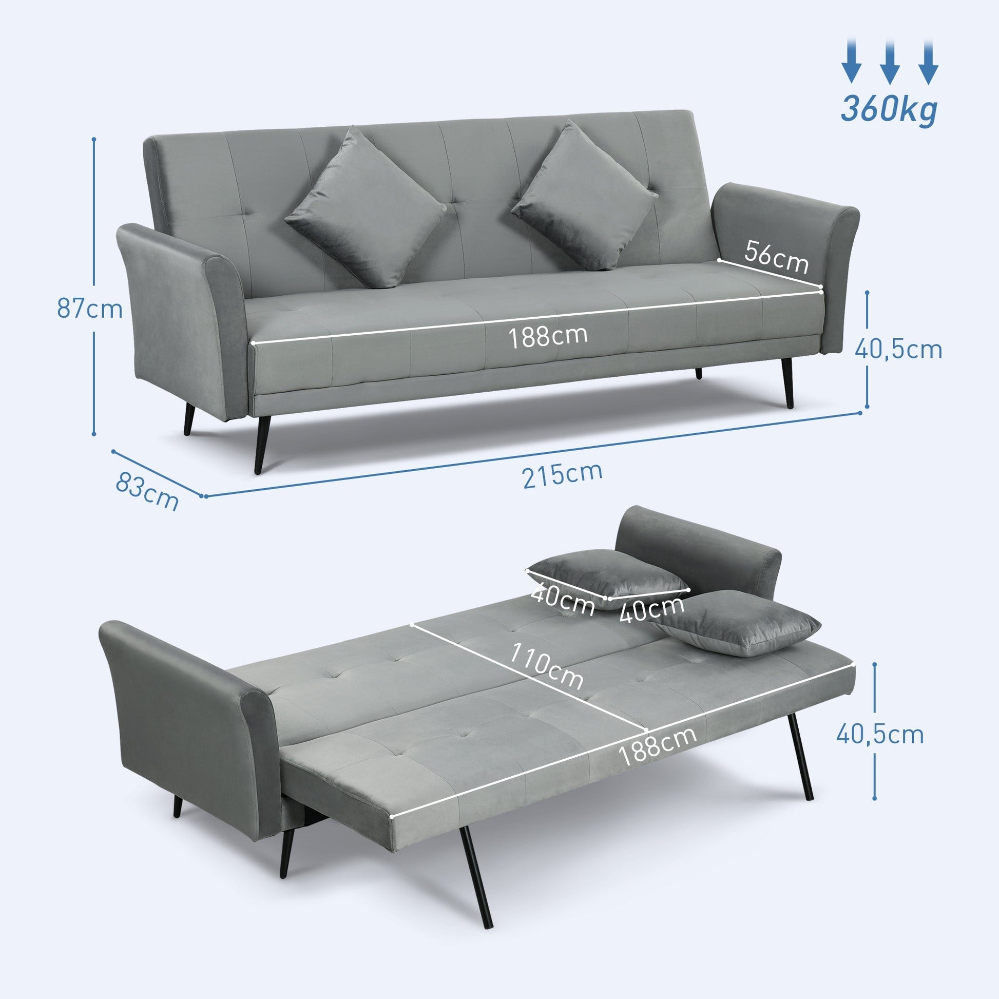 Sofá Cama Convertível Sofá Cama de 3 Lugares com Encosto Ajustável de 3 Níveis e 2 Almofadas Acolchoadas Carga 360 kg para Escritório Dormitório Sala de Estar Cinza - A minha loja