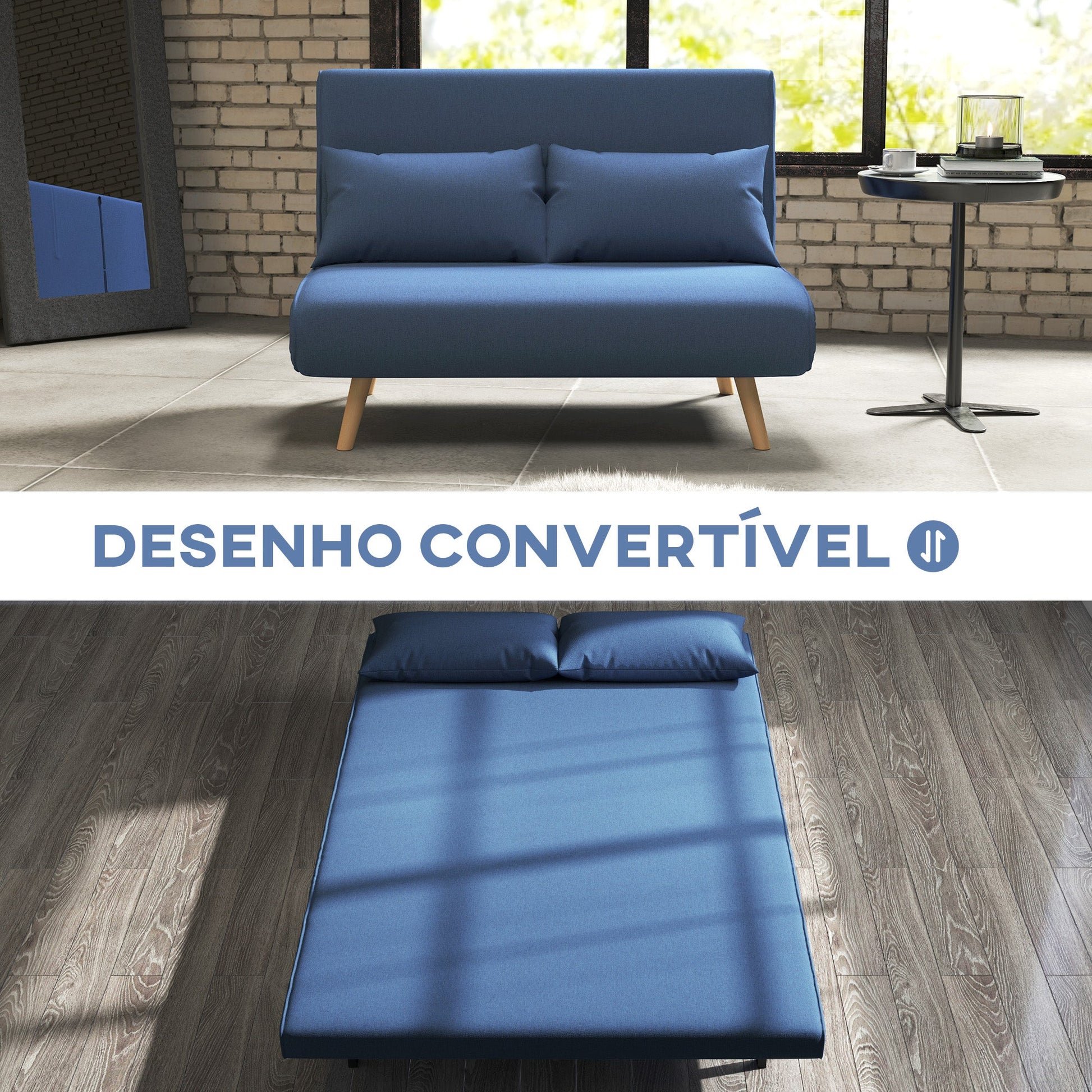 Sofá Cama de 2 Lugares Sofá Cama Dobrável Estofado em Linho com Encosto Ajustável em 5 Posições e 2 Almofadas Sofá Cama Pequeno para Sala de Estar 120x75x85 cm Azul Escuro - A minha loja