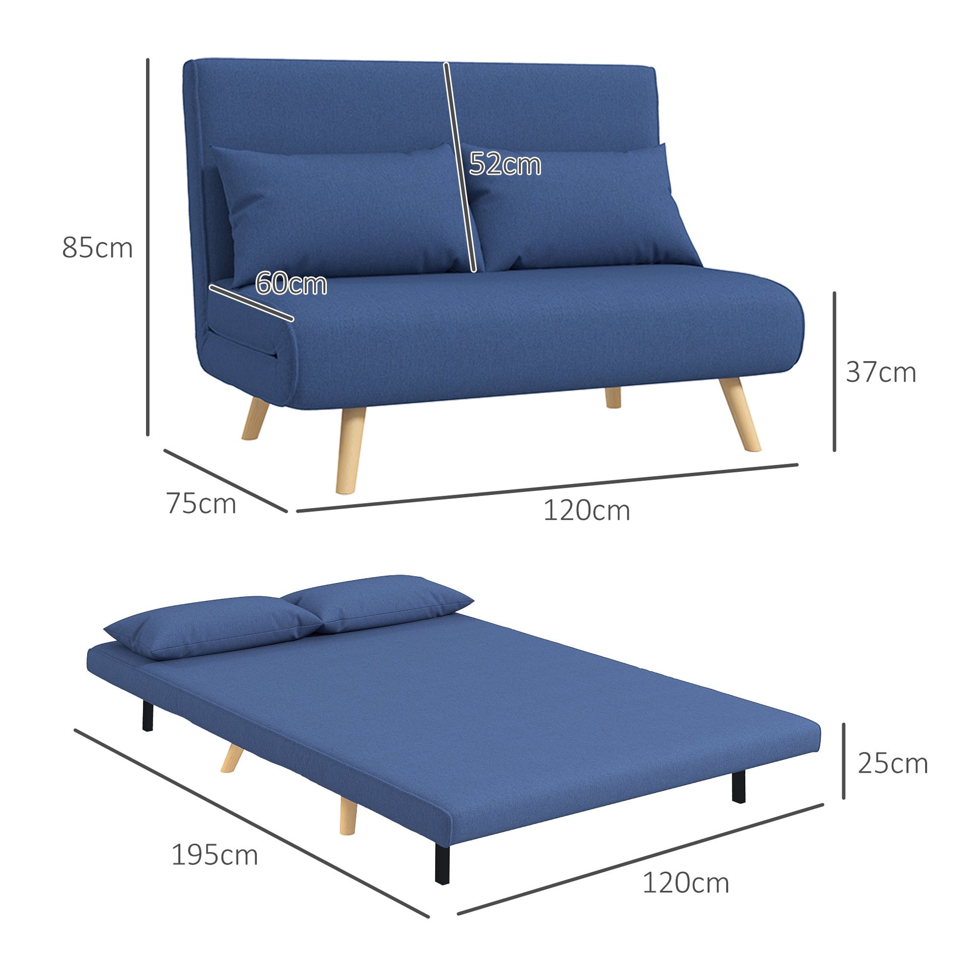 Sofá Cama de 2 Lugares Sofá Cama Dobrável Estofado em Linho com Encosto Ajustável em 5 Posições e 2 Almofadas Sofá Cama Pequeno para Sala de Estar 120x75x85 cm Azul Escuro - A minha loja