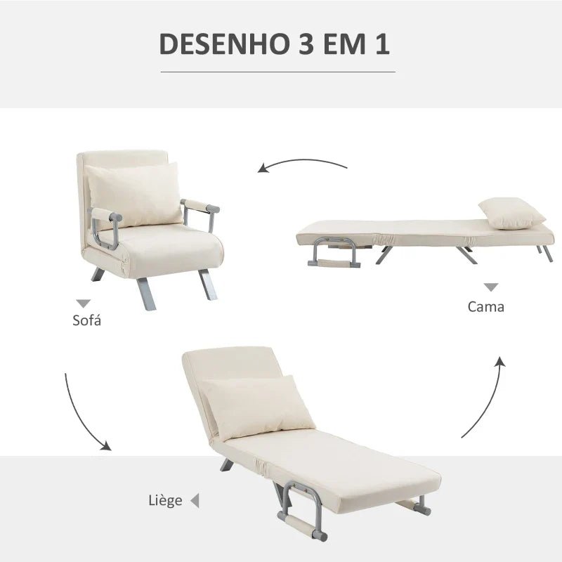 Sofá Cama Individual Poltrona Cama Individual Sofá Reclinável com Almofada para Sala Quarto Escritório Carga 100 kg 65x69x80 cm Creme - A minha loja