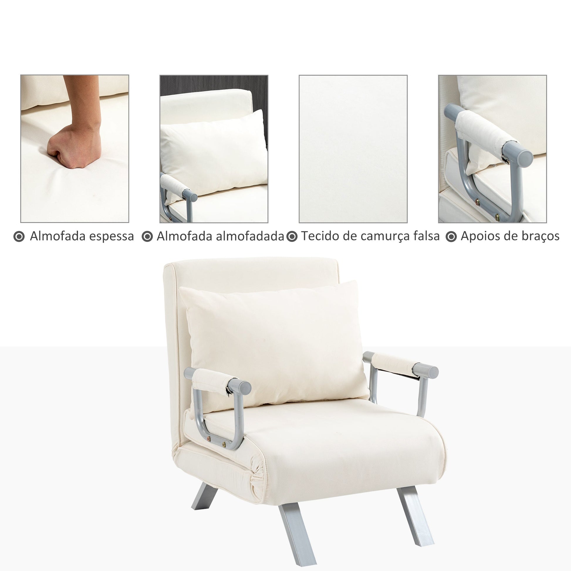 Sofá Cama Individual Poltrona Cama Individual Sofá Reclinável com Almofada para Sala Quarto Escritório Carga 100 kg 65x69x80 cm Creme - A minha loja