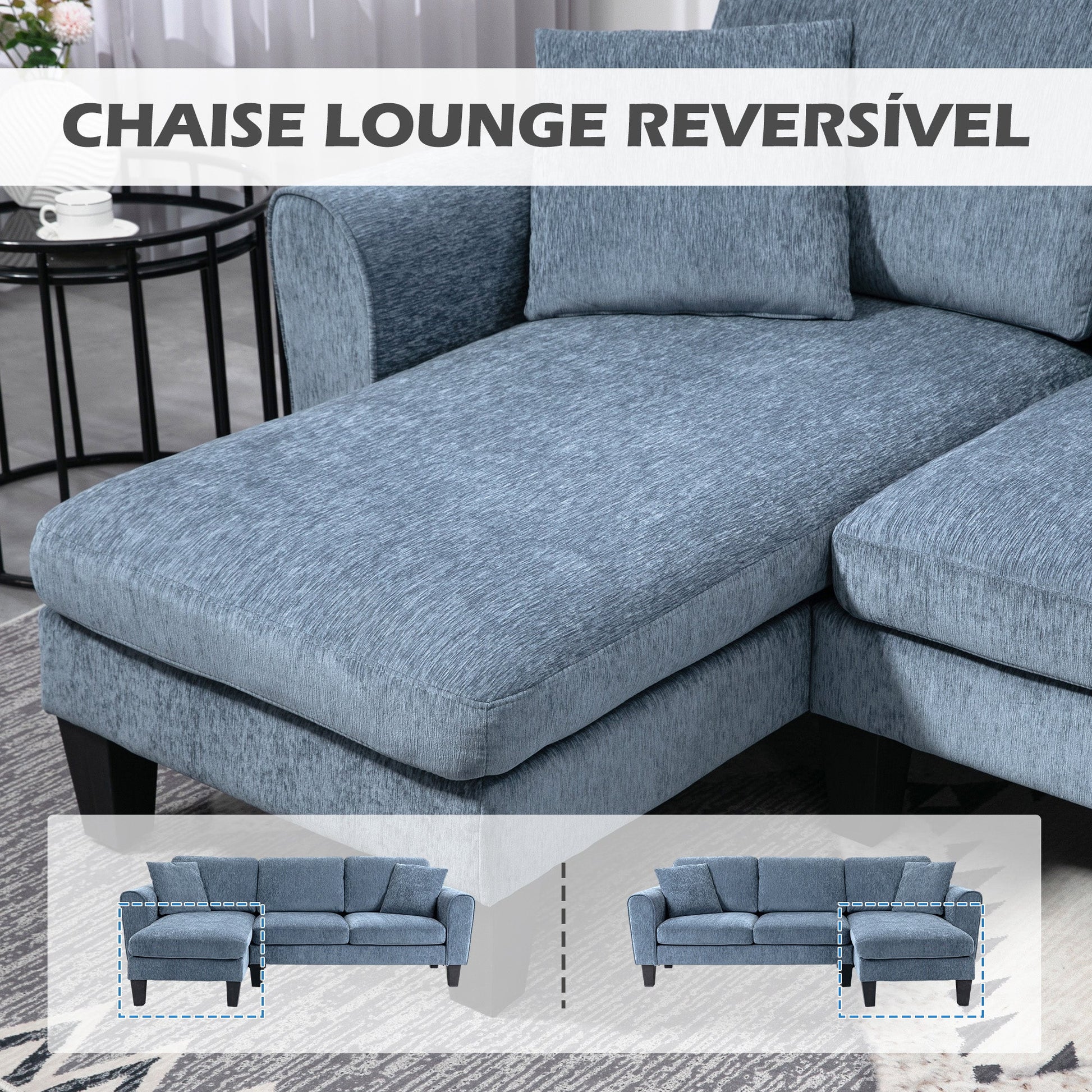 Sofá Chaise Longue Sofá de Canto Sofa Sala de Estar Reversível em Forma de L com 2 Almofadas Carga Máxima 200 kg 230x138x87 cm Cinza Azulado - A minha loja