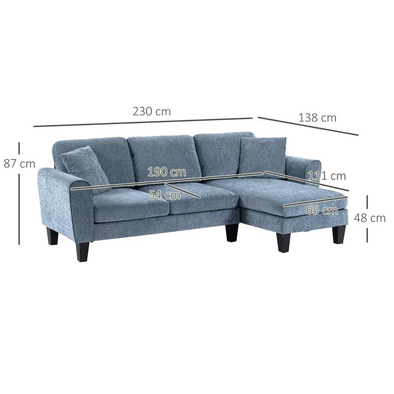 Sofá Chaise Longue Sofá de Canto Sofa Sala de Estar Reversível em Forma de L com 2 Almofadas Carga Máxima 200 kg 230x138x87 cm Cinza Azulado - A minha loja