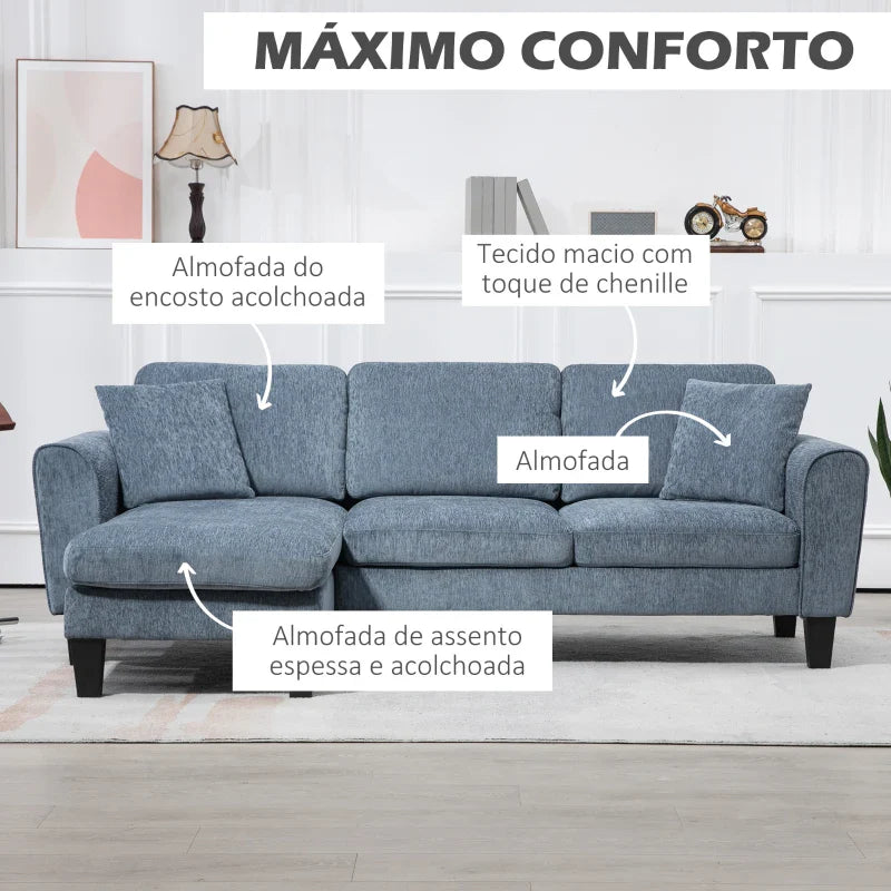 Sofá Chaise Longue Sofá de Canto Sofa Sala de Estar Reversível em Forma de L com 2 Almofadas Carga Máxima 200 kg 230x138x87 cm Cinza Azulado - A minha loja