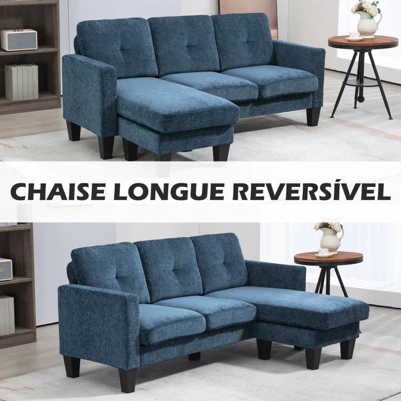 Sofá Chaise Longue Sofá em Forma de L Estofado em Poliéster Sofá de Canto Reversível com 3 Almofadas e Pés de Madeira para Sala de Estar Carga Máxima 180 kg 186x130x84 cm Azul - A minha loja