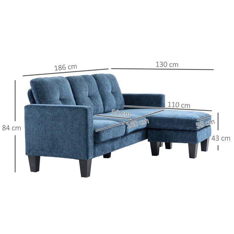 Sofá Chaise Longue Sofá em Forma de L Estofado em Poliéster Sofá de Canto Reversível com 3 Almofadas e Pés de Madeira para Sala de Estar Carga Máxima 180 kg 186x130x84 cm Azul - A minha loja
