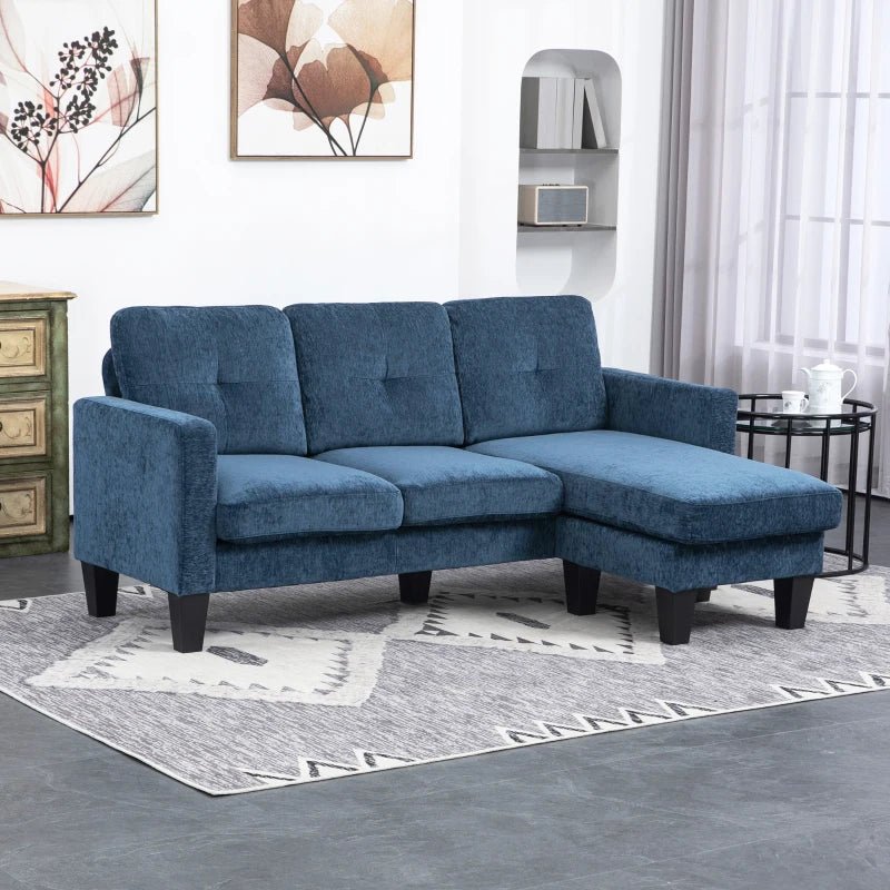 Sofá Chaise Longue Sofá em Forma de L Estofado em Poliéster Sofá de Canto Reversível com 3 Almofadas e Pés de Madeira para Sala de Estar Carga Máxima 180 kg 186x130x84 cm Azul - A minha loja