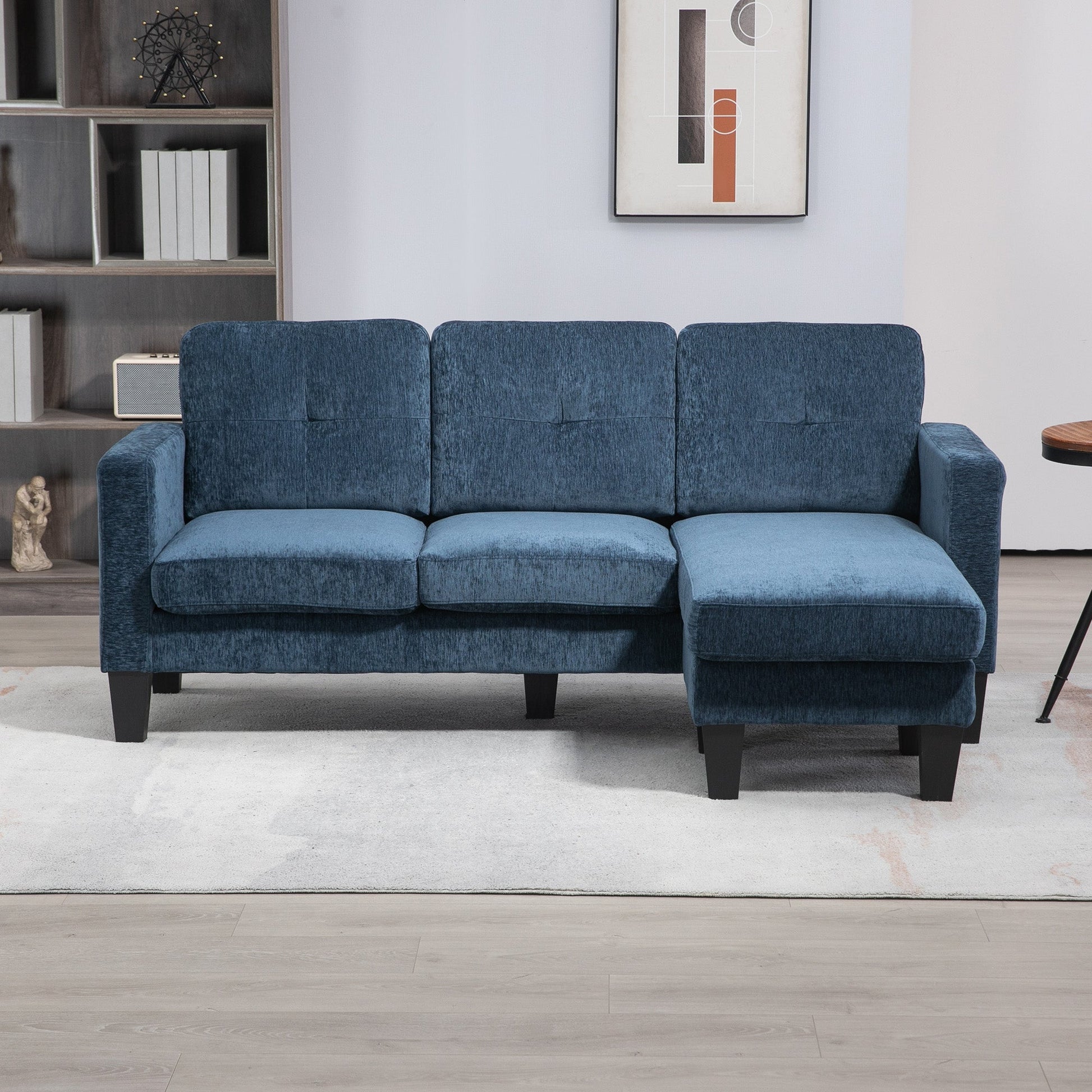 Sofá Chaise Longue Sofá em Forma de L Estofado em Poliéster Sofá de Canto Reversível com 3 Almofadas e Pés de Madeira para Sala de Estar Carga Máxima 180 kg 186x130x84 cm Azul - A minha loja