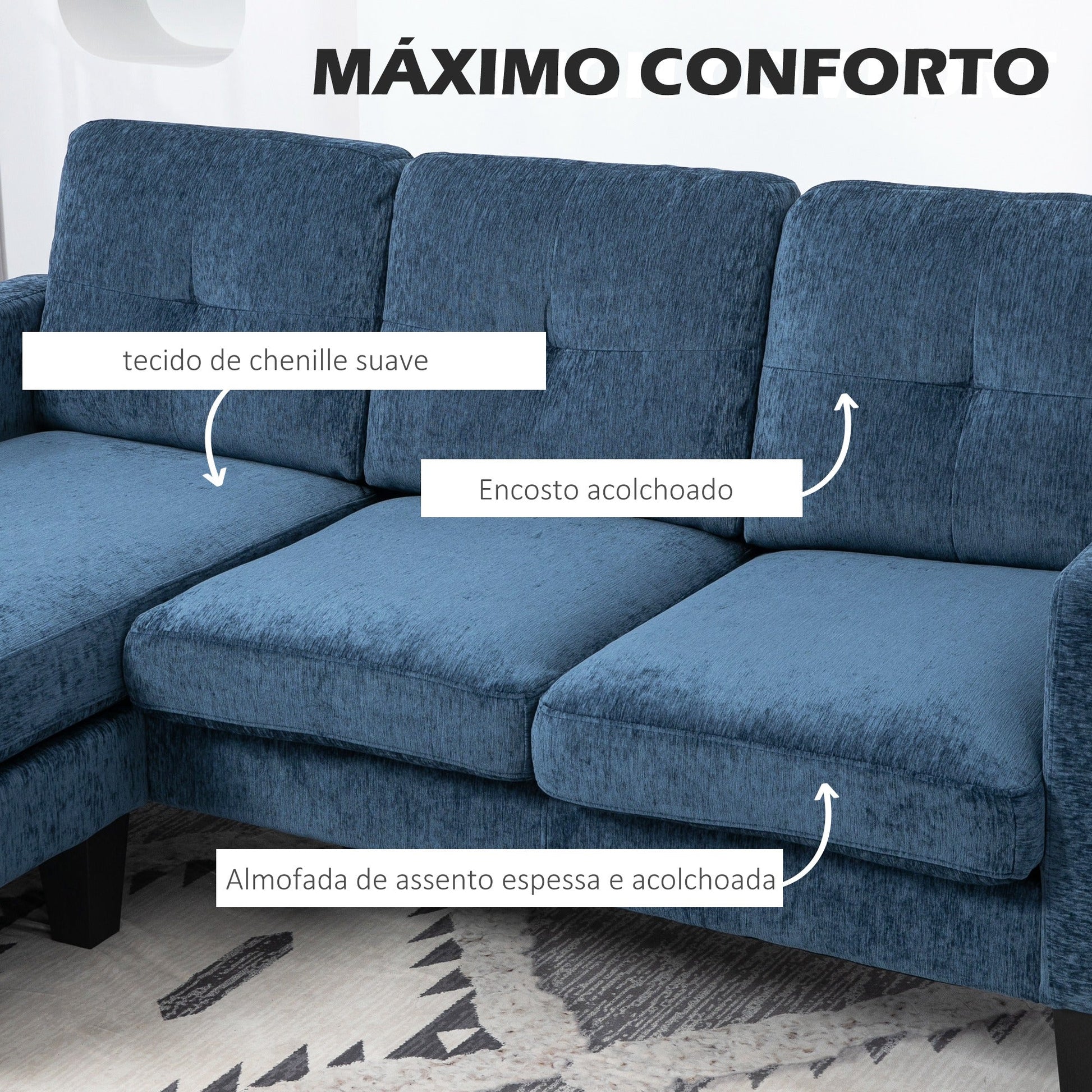 Sofá Chaise Longue Sofá em Forma de L Estofado em Poliéster Sofá de Canto Reversível com 3 Almofadas e Pés de Madeira para Sala de Estar Carga Máxima 180 kg 186x130x84 cm Azul - A minha loja