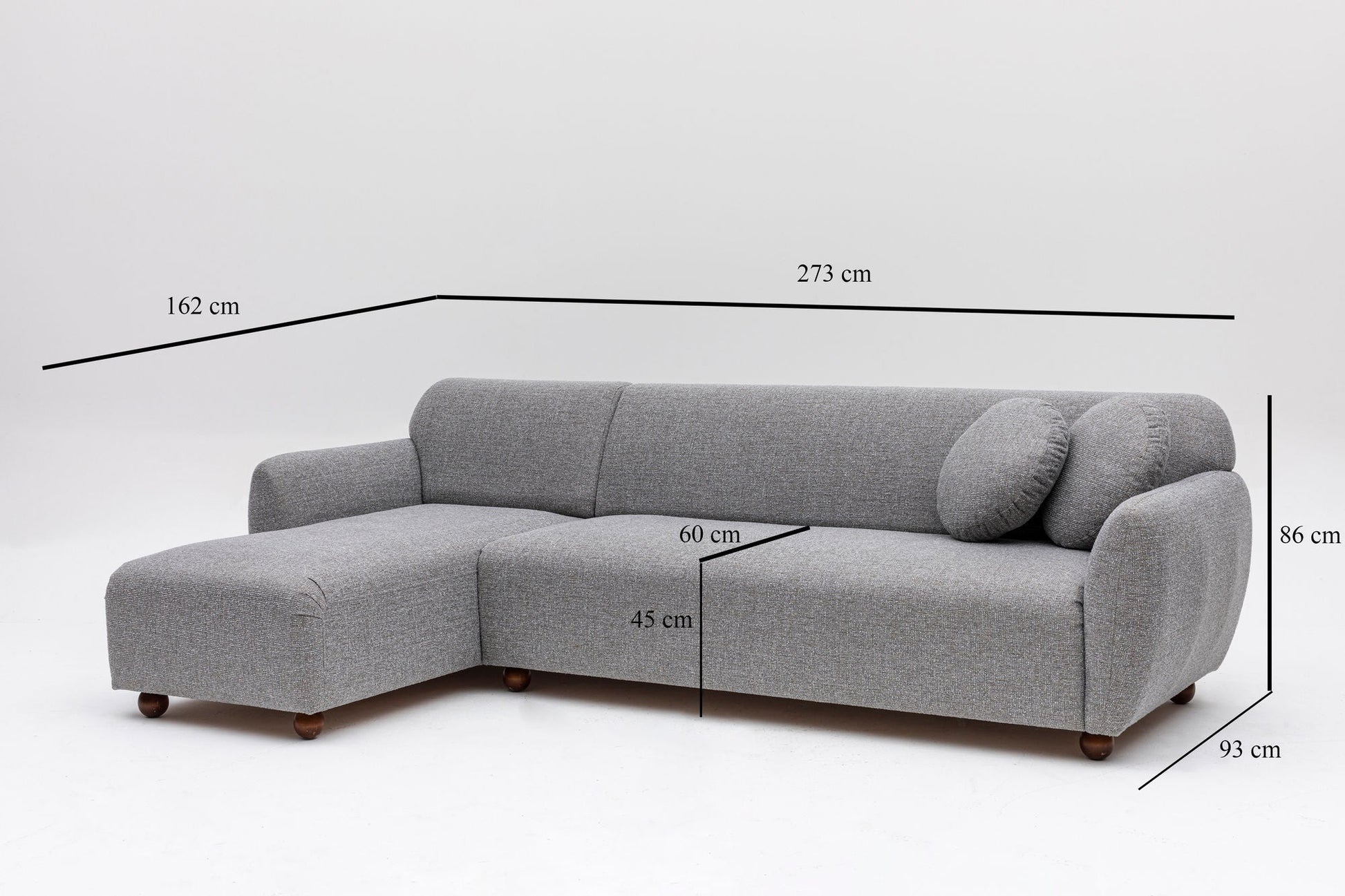 Sofá Chaise Longue "Stockholm" - Cinzento Claro com Pernas em Faia - 273x162x86 cm - Design Escandinavo - A minha loja