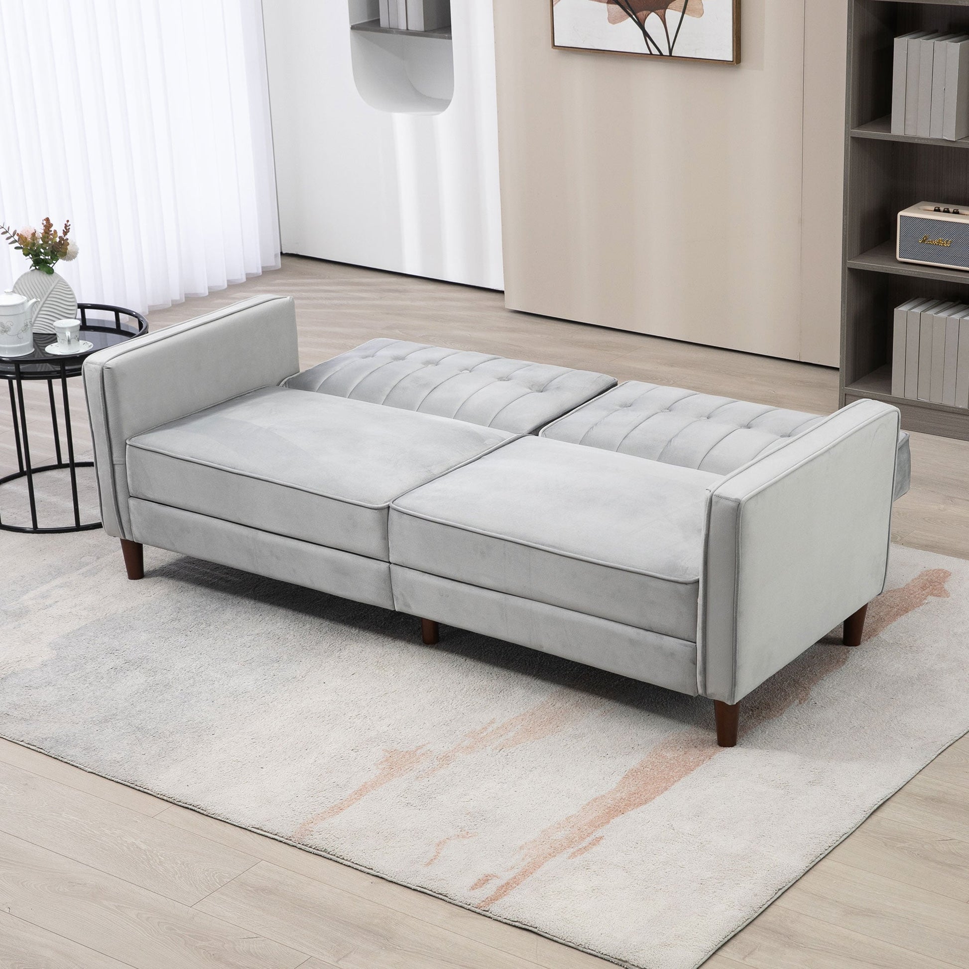 Sofá de 2 Lugares Convertível em Cama de Estofado Aveludado com Encosto Ajustável e Pés de Madeira para Sala de Estar Escritório 189x80,5x78,5 cm Cinza Claro - A minha loja