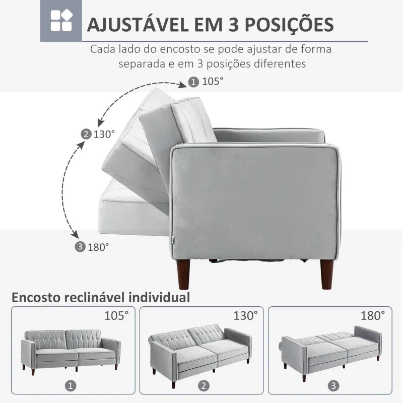Sofá de 2 Lugares Convertível em Cama de Estofado Aveludado com Encosto Ajustável e Pés de Madeira para Sala de Estar Escritório 189x80,5x78,5 cm Cinza Claro - A minha loja