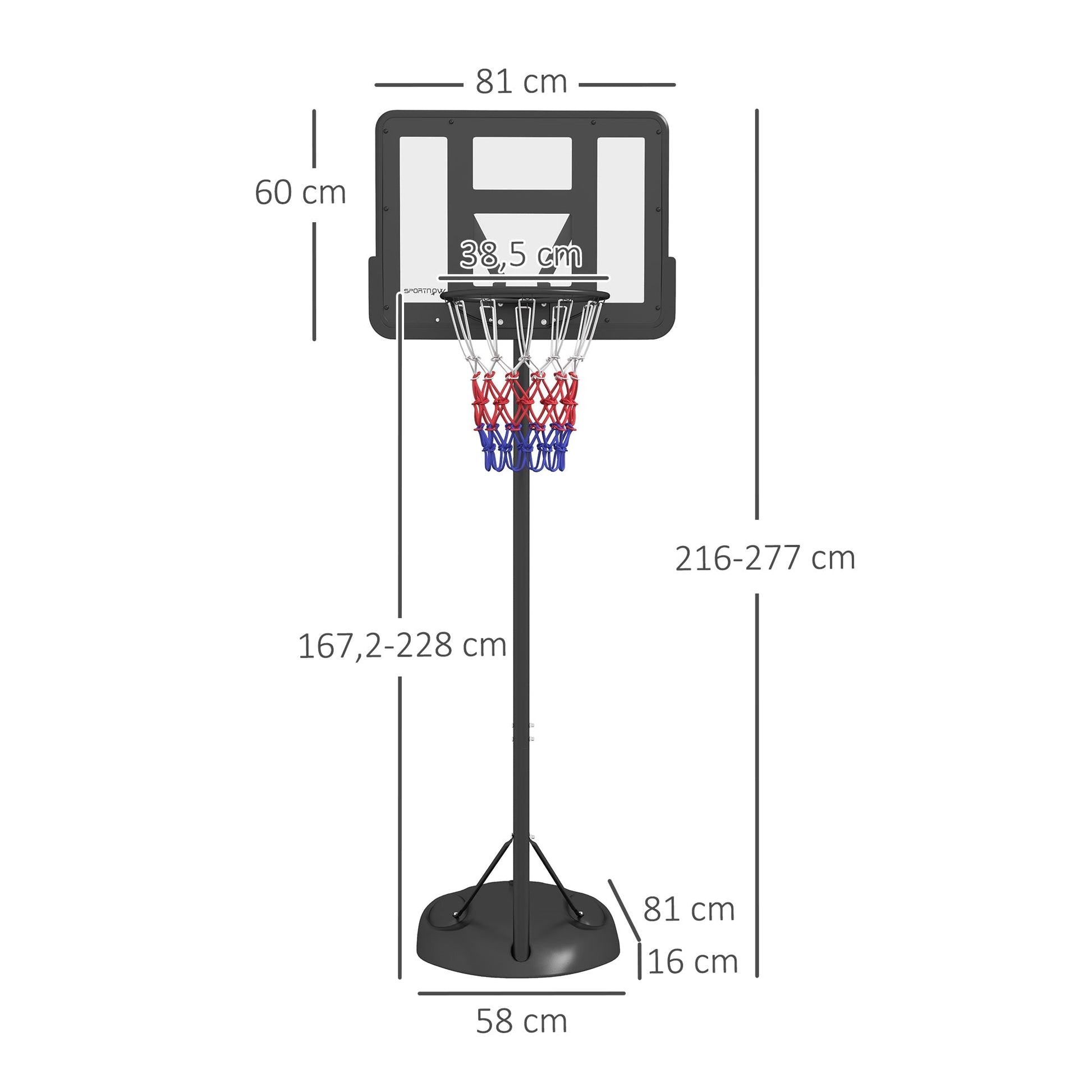 SPORTNOW Tabela de Basquetebol com Altura Ajustável 216 - 277 cm Aro de Basquetebol para Exterior com Rodas e Base Recarregável para Adolescentes Preto - A minha loja