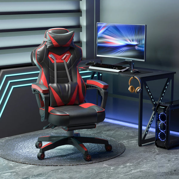 Cadeira de escritorio gaming ergonômica Altura ajustável Reclinável Encosto com apoio para pés Encosto de cabeça Almofada lombar Rodas 65x70x118,5-126,5 cm Vermelho e Preto