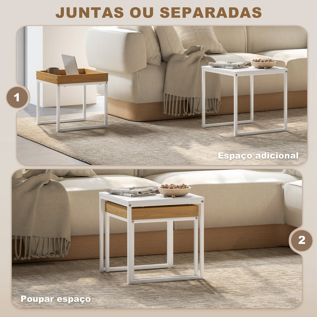 Mesas Auxiliares para Sala de Estar Conjunto de 2 Mesas com Estrutura de Aço Mesas de Centro Pequenas para Dormitório Branco e Carvalho
