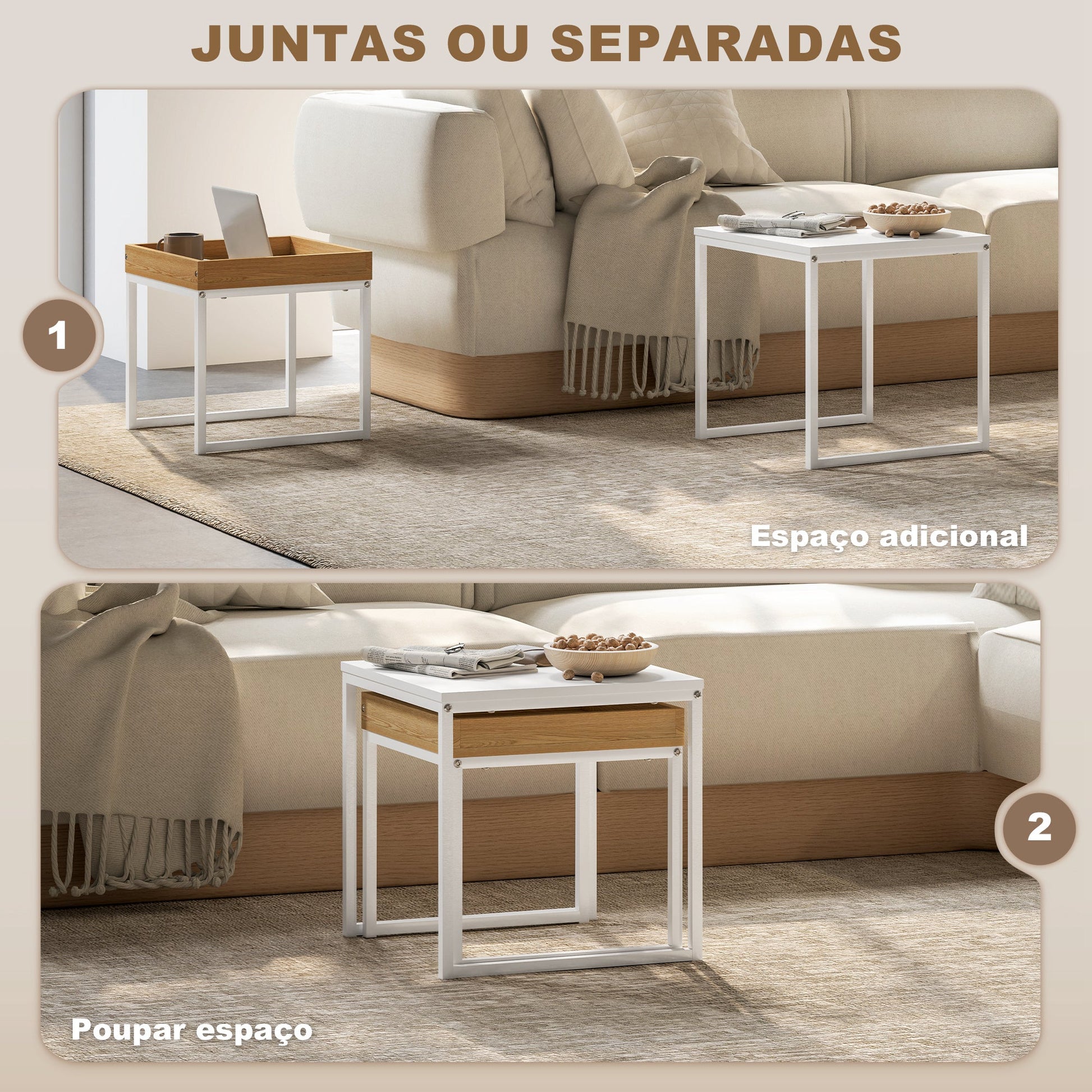Mesas Auxiliares para Sala de Estar Conjunto de 2 Mesas com Estrutura de Aço Mesas de Centro Pequenas para Dormitório Branco e Carvalho