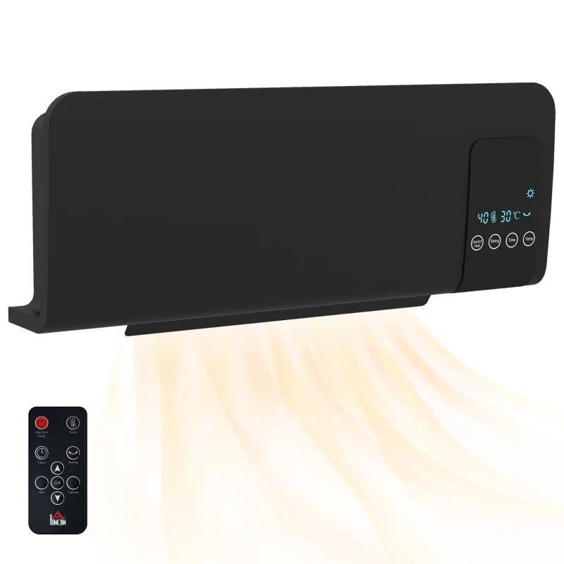 Aquecedor Elétrico de Parede 1000W/2000W Aquecedor com Ecrã LED Controlo Remoto Termostato Temporizador para Áreas de 15-20 m² 54,5x12x21,5 cm Preto
