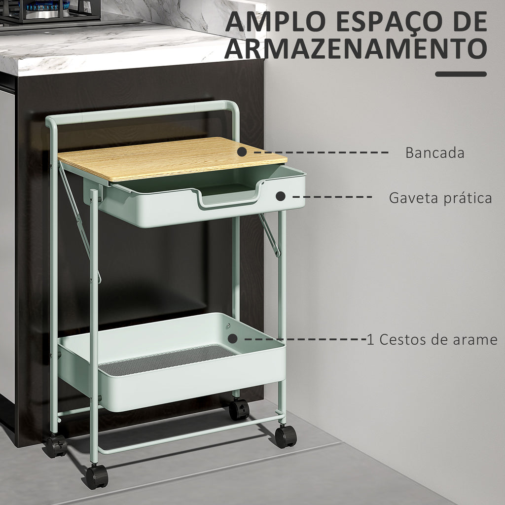 Carrinho Auxiliar com Rodas de 2 Níveis Carrinho de Cozinha com 1 Gaveta e 1 Cesto Carrinho Organizador para Dormitorio Sala Escritório 45x29,5x68 cm Verde Claro