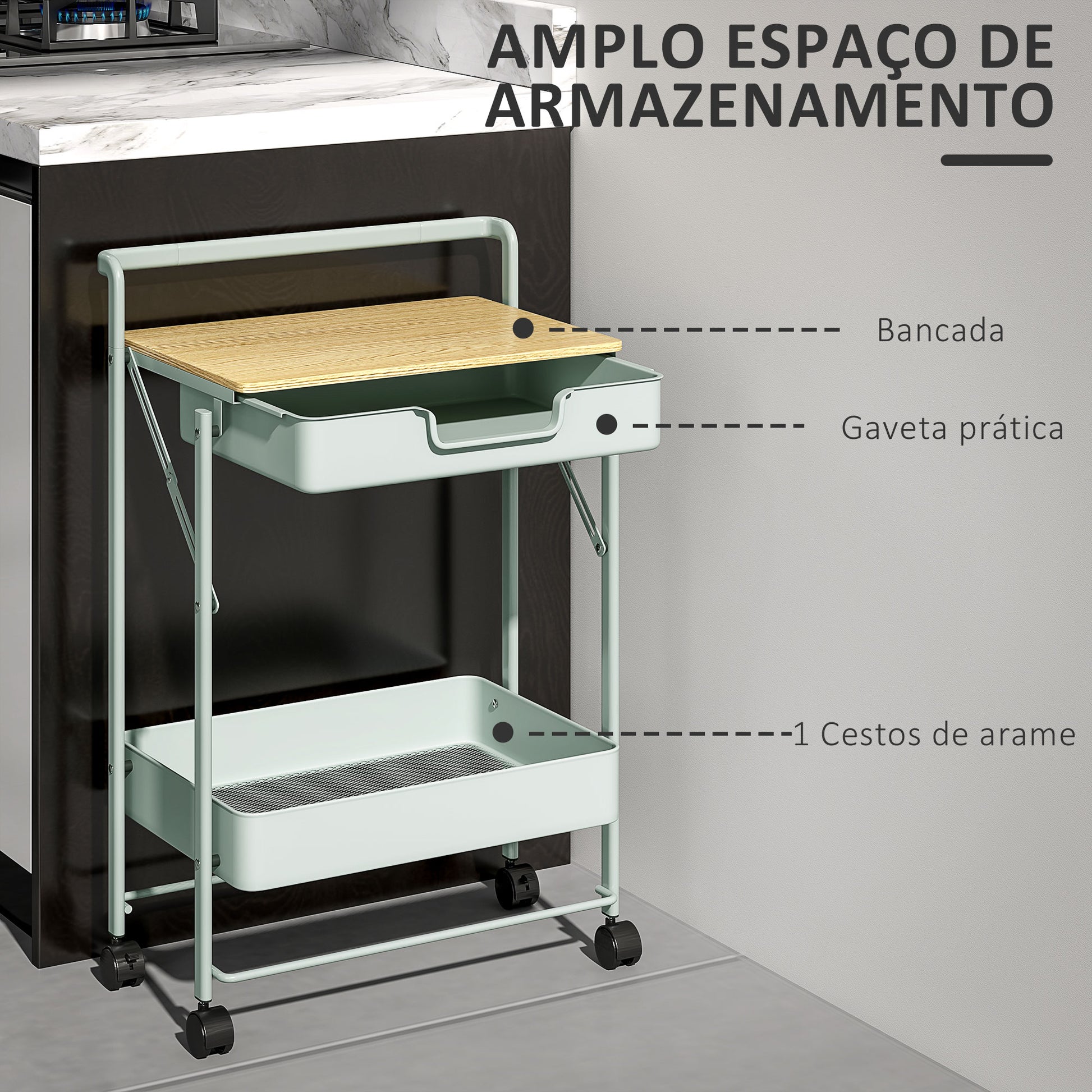 Carrinho Auxiliar com Rodas de 2 Níveis Carrinho de Cozinha com 1 Gaveta e 1 Cesto Carrinho Organizador para Dormitorio Sala Escritório 45x29,5x68 cm Verde Claro