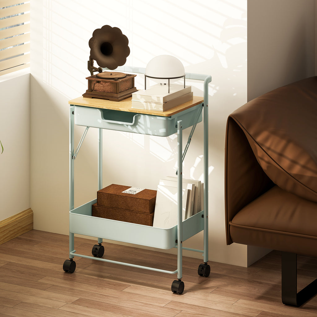 Carrinho Auxiliar com Rodas de 2 Níveis Carrinho de Cozinha com 1 Gaveta e 1 Cesto Carrinho Organizador para Dormitorio Sala Escritório 45x29,5x68 cm Verde Claro