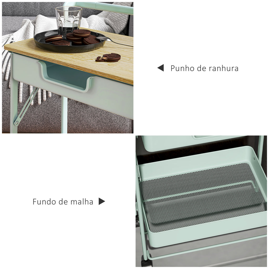Carrinho Auxiliar com Rodas de 2 Níveis Carrinho de Cozinha com 1 Gaveta e 1 Cesto Carrinho Organizador para Dormitorio Sala Escritório 45x29,5x68 cm Verde Claro