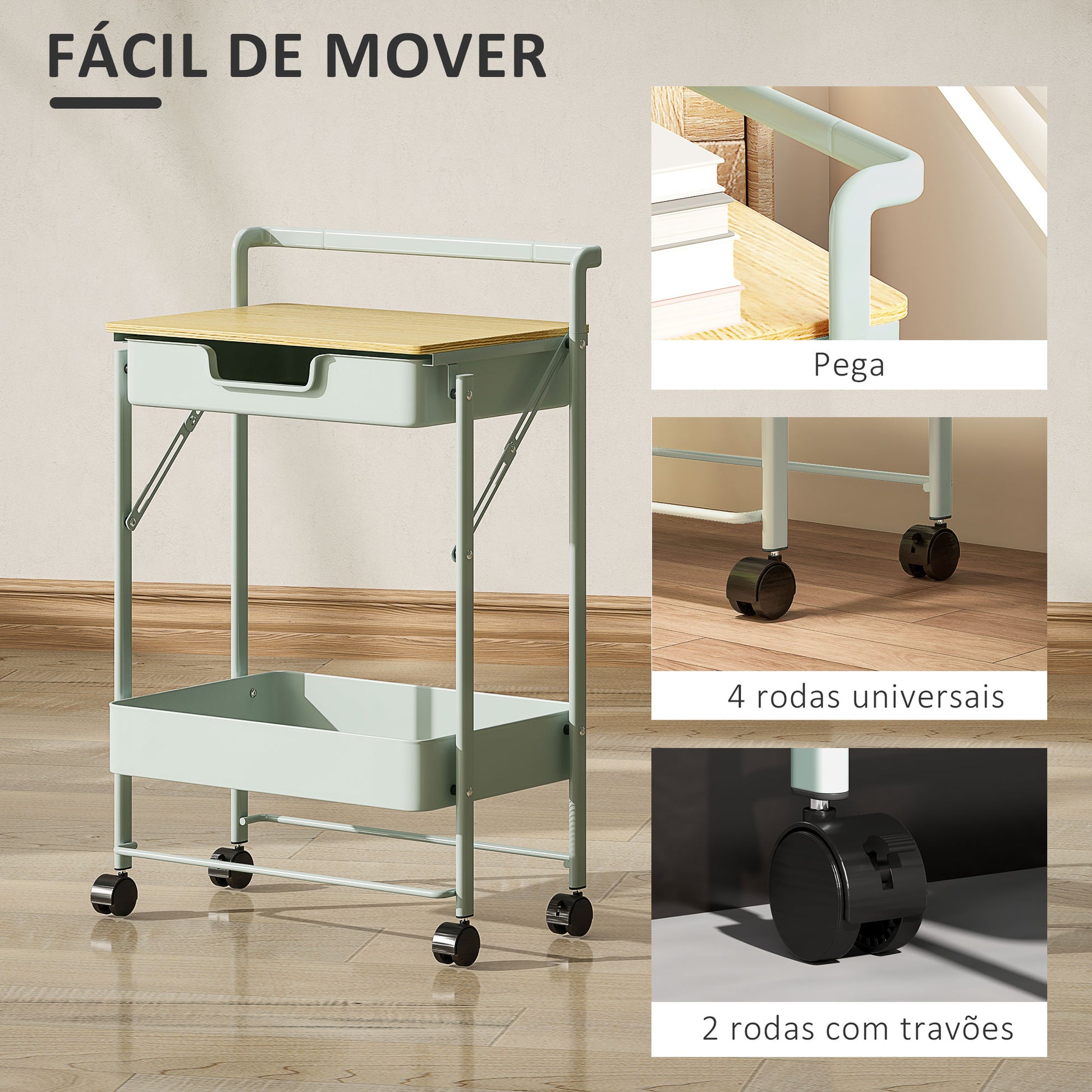 Carrinho Auxiliar com Rodas de 2 Níveis Carrinho de Cozinha com 1 Gaveta e 1 Cesto Carrinho Organizador para Dormitorio Sala Escritório 45x29,5x68 cm Verde Claro