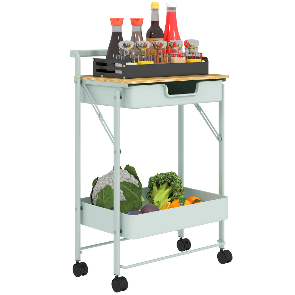 Carrinho Auxiliar com Rodas de 2 Níveis Carrinho de Cozinha com 1 Gaveta e 1 Cesto Carrinho Organizador para Dormitorio Sala Escritório 45x29,5x68 cm Verde Claro