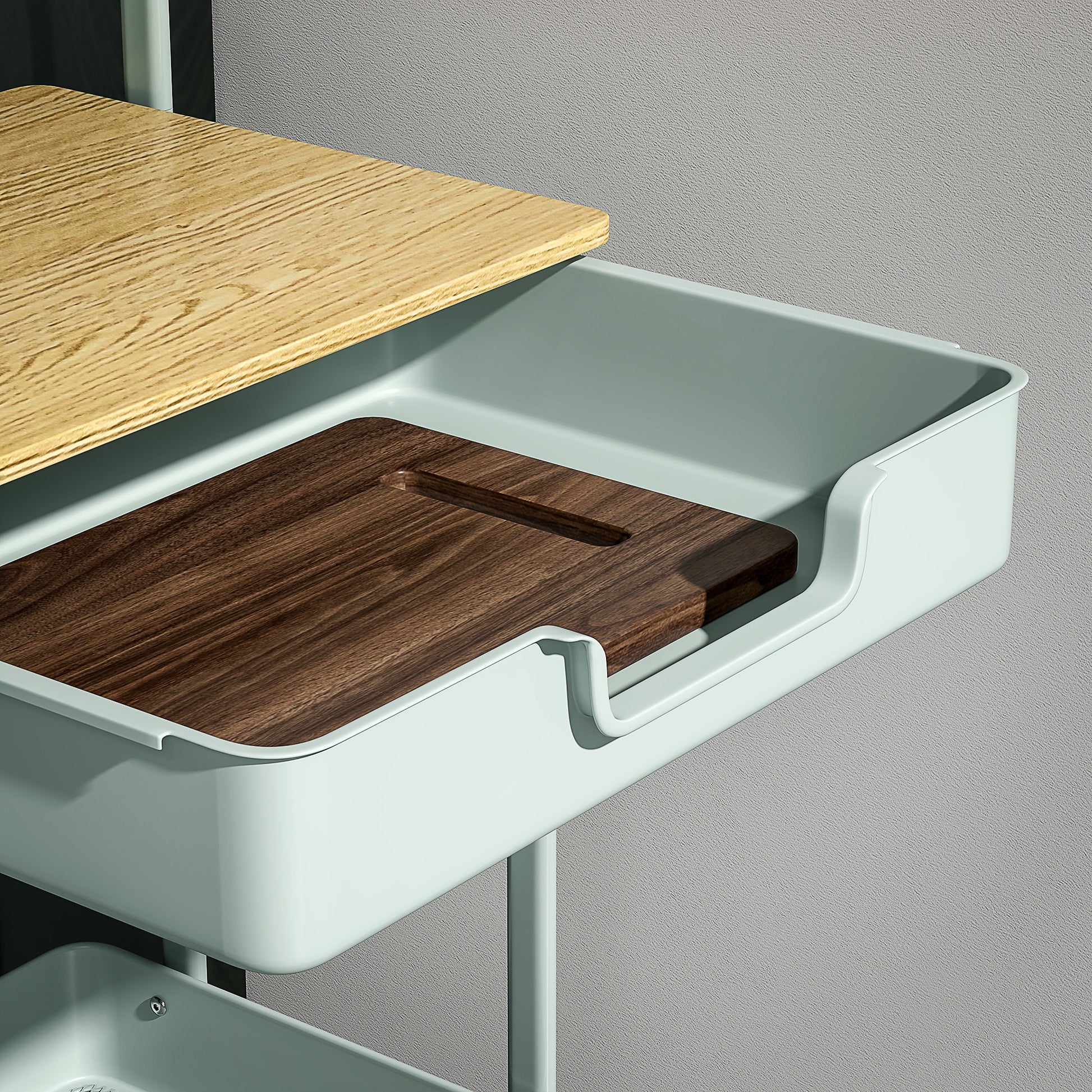 Carrinho Auxiliar com Rodas de 2 Níveis Carrinho de Cozinha com 1 Gaveta e 1 Cesto Carrinho Organizador para Dormitorio Sala Escritório 45x29,5x68 cm Verde Claro