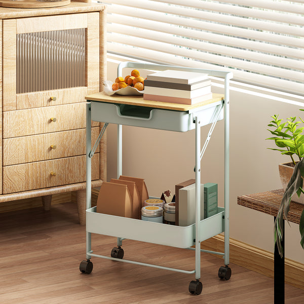 Carrinho Auxiliar com Rodas de 2 Níveis Carrinho de Cozinha com 1 Gaveta e 1 Cesto Carrinho Organizador para Dormitorio Sala Escritório 45x29,5x68 cm Verde Claro