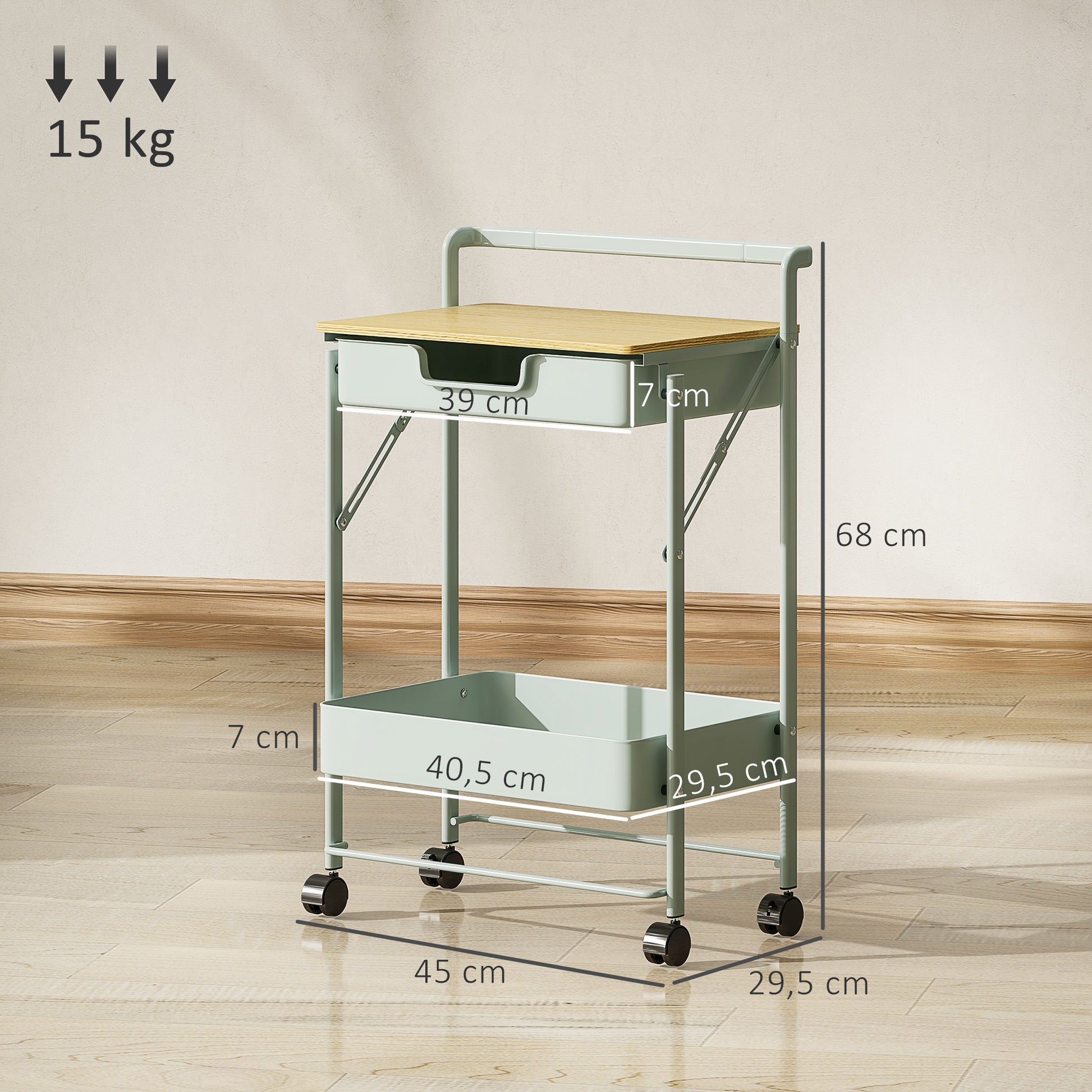 Carrinho Auxiliar com Rodas de 2 Níveis Carrinho de Cozinha com 1 Gaveta e 1 Cesto Carrinho Organizador para Dormitorio Sala Escritório 45x29,5x68 cm Verde Claro