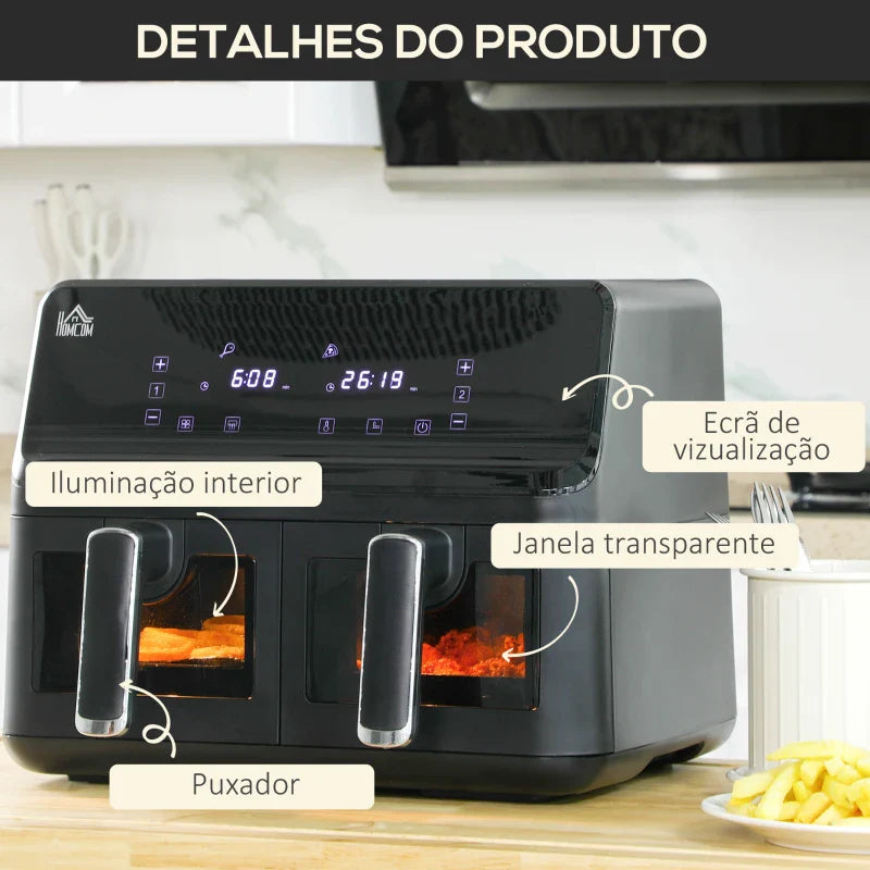 Fritadeira sem Óleo Dupla 8L Fritadeira de Ar Quente 2500W com 8 Programas Ecrã LED Tátil Temperatura Ajustável 80-200°C Temporizador e Cesta Antiaderente 38,5x38x30,5 cm Preto