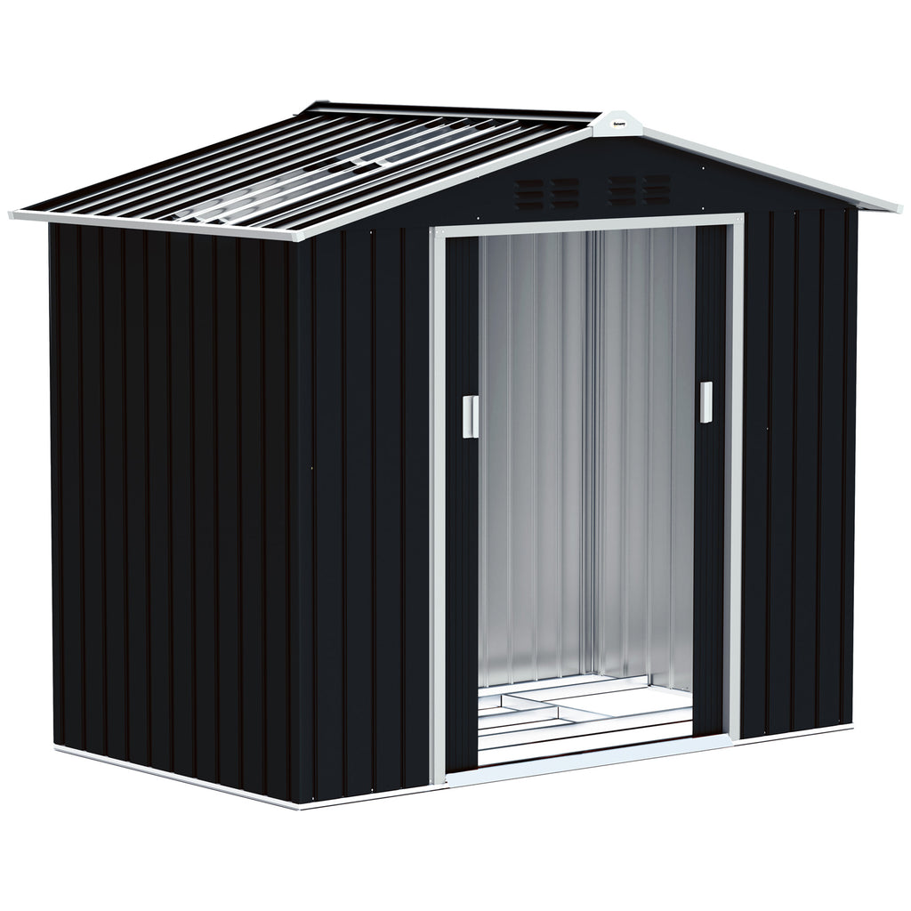 Abrigo de Jardim 2,42 m 213x130x185 cm Abrigo de Jardim Metálico de Exterior para Armazenamento de Ferramentas com 2 Portas Deslizantes e 4 Janelas para Terraço Cinza Escuro