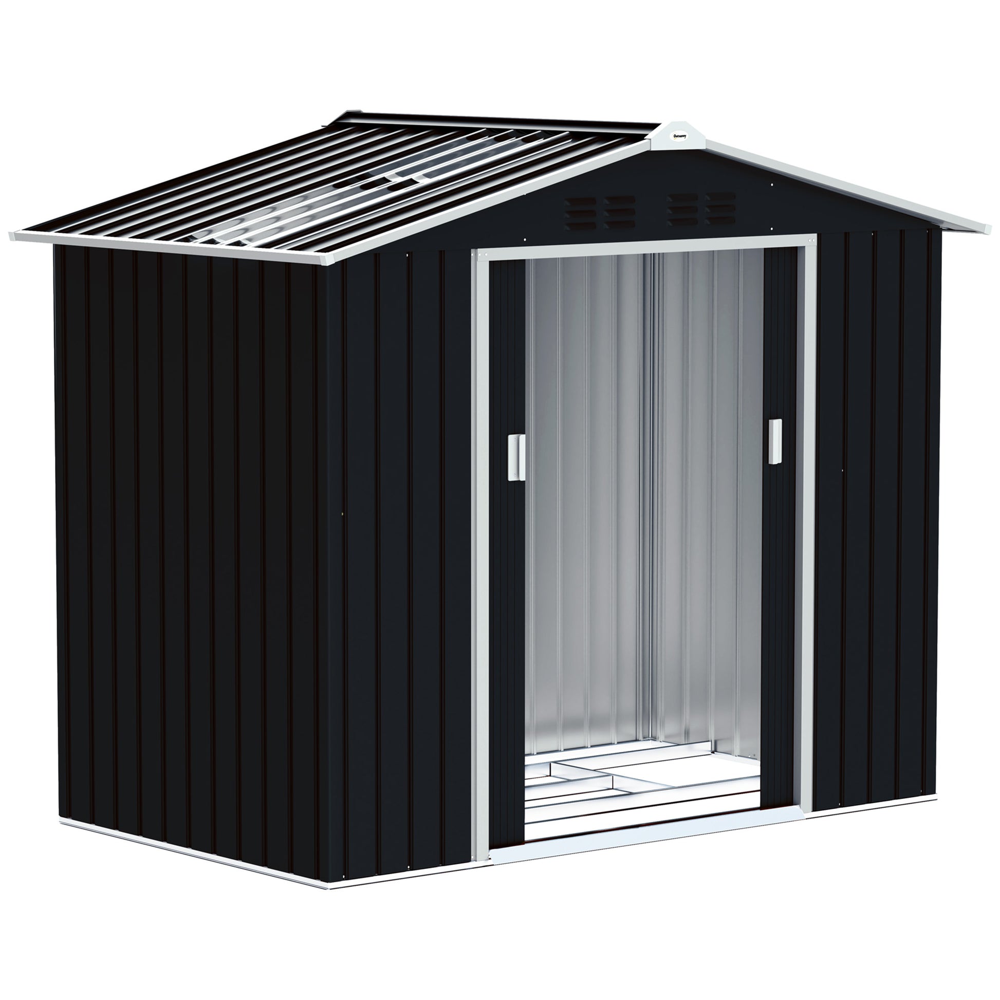 Abrigo de Jardim 2,42 m 213x130x185 cm Abrigo de Jardim Metálico de Exterior para Armazenamento de Ferramentas com 2 Portas Deslizantes e 4 Janelas para Terraço Cinza Escuro
