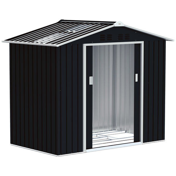 Abrigo de Jardim 2,42 m 213x130x185 cm Abrigo de Jardim Metálico de Exterior para Armazenamento de Ferramentas com 2 Portas Deslizantes e 4 Janelas para Terraço Cinza Escuro