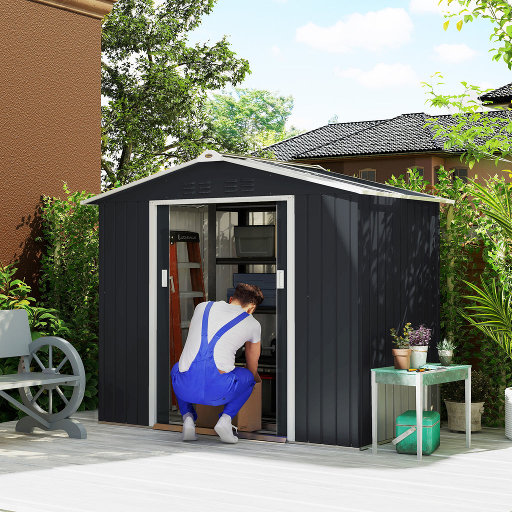 Abrigo de Jardim 2,42 m 213x130x185 cm Abrigo de Jardim Metálico de Exterior para Armazenamento de Ferramentas com 2 Portas Deslizantes e 4 Janelas para Terraço Cinza Escuro
